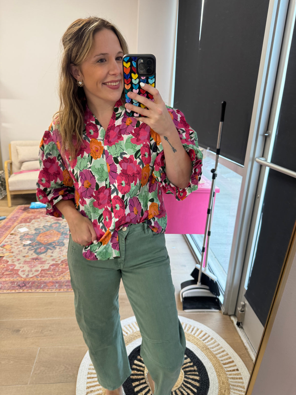 Pink Floral Puff Sleeve Button Up Blouse