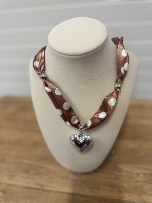 Cocoa Polka‑Dot Satin Necklace – Silver Puff Heart
