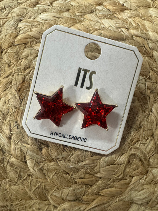 Red Glitter Star Stud Earrings