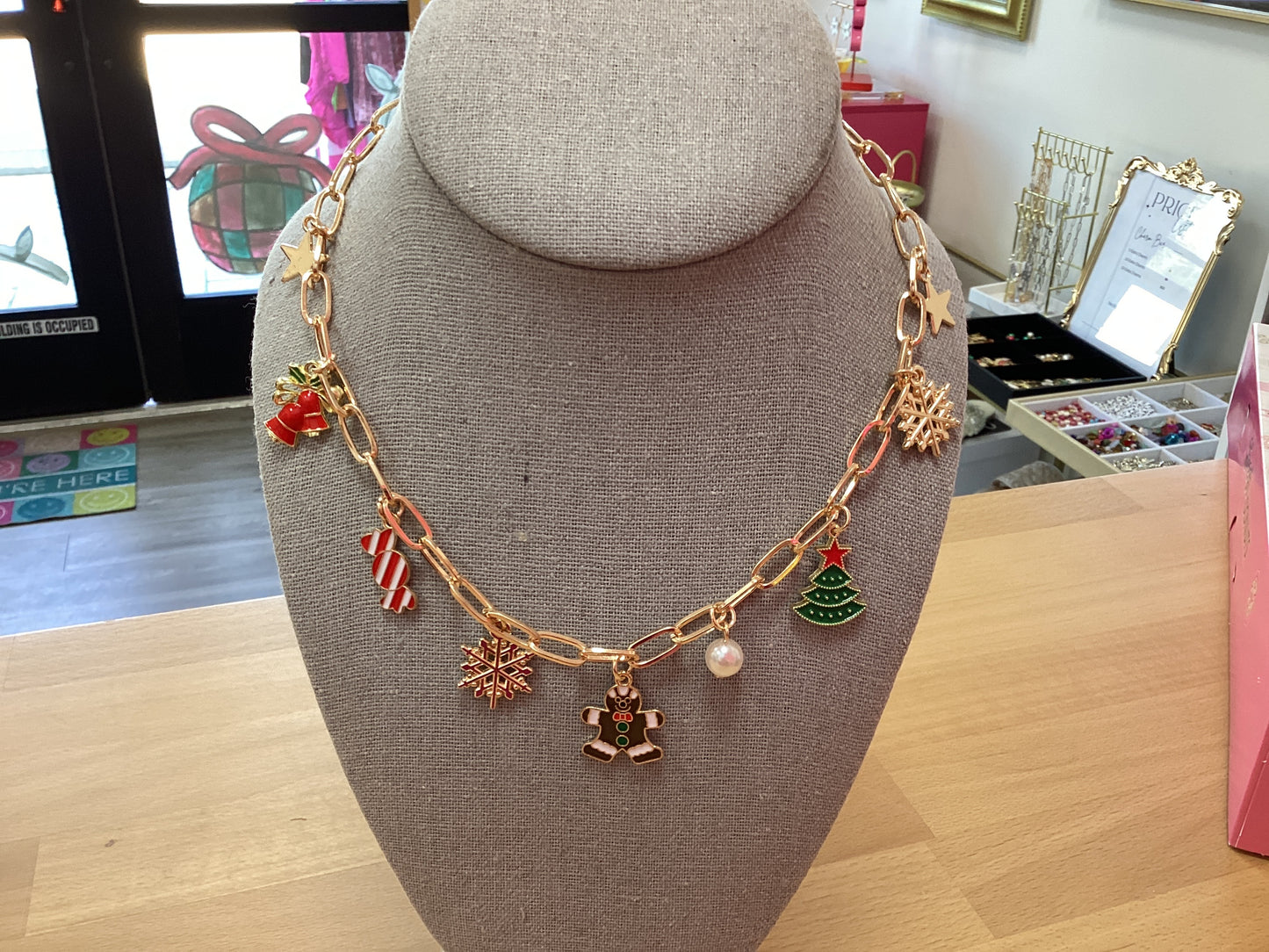 Gold Christmas charm necklace