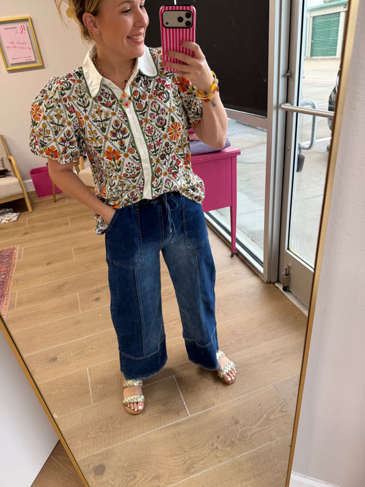 Green Collared Floral Button Front Top