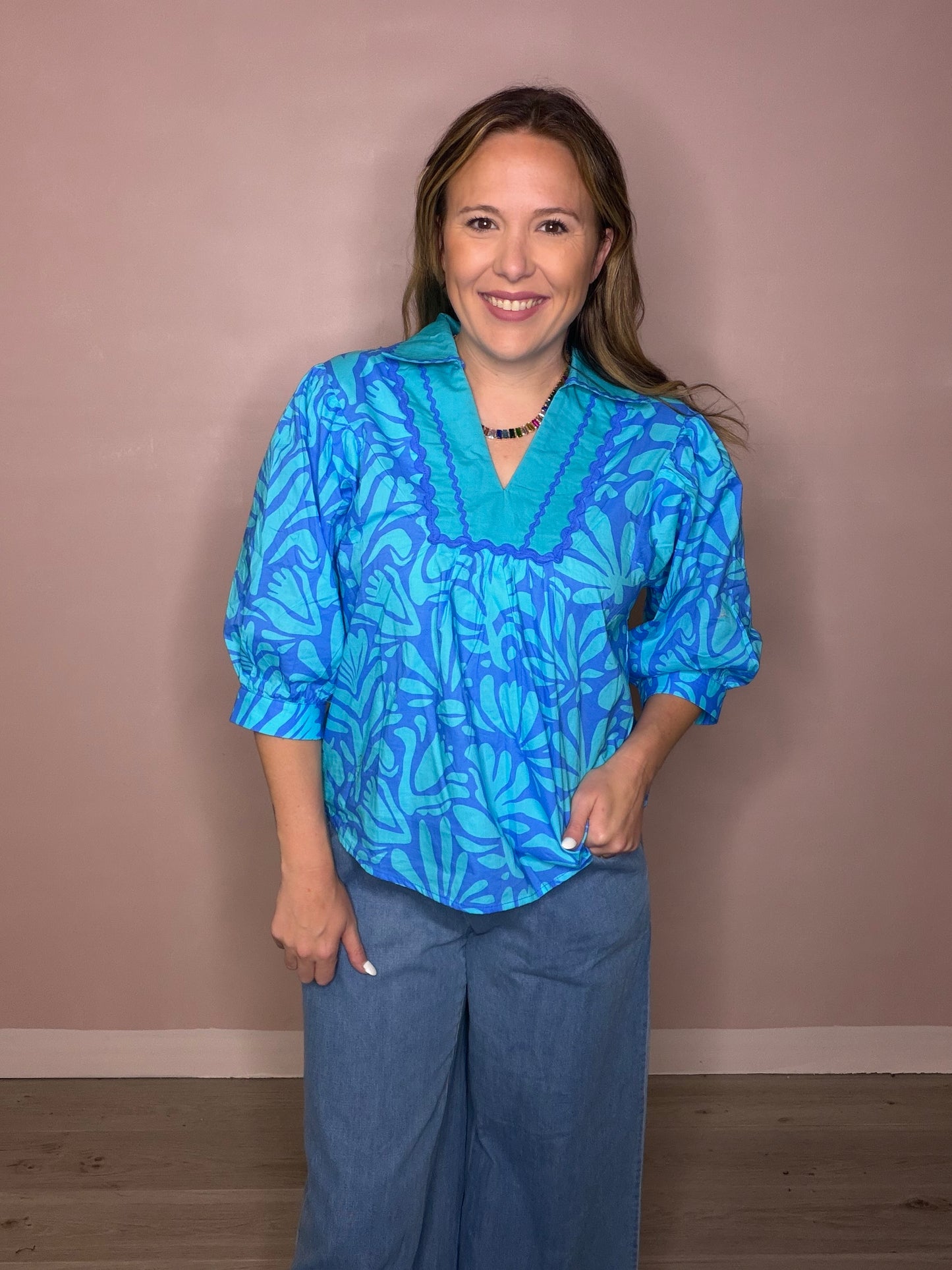 Floral Print Ric Rac Trim Blouse