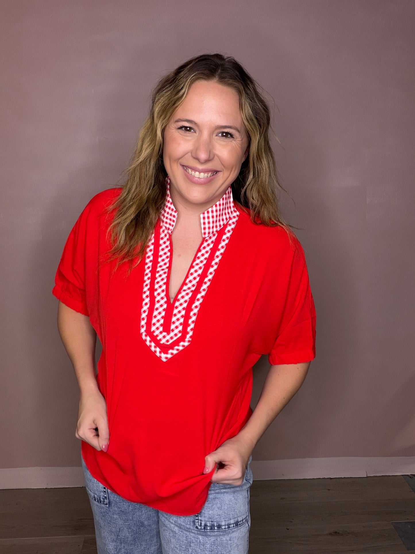 Women's Red Gingham Trim Flowy Blouse | Teacher & Game Day Top