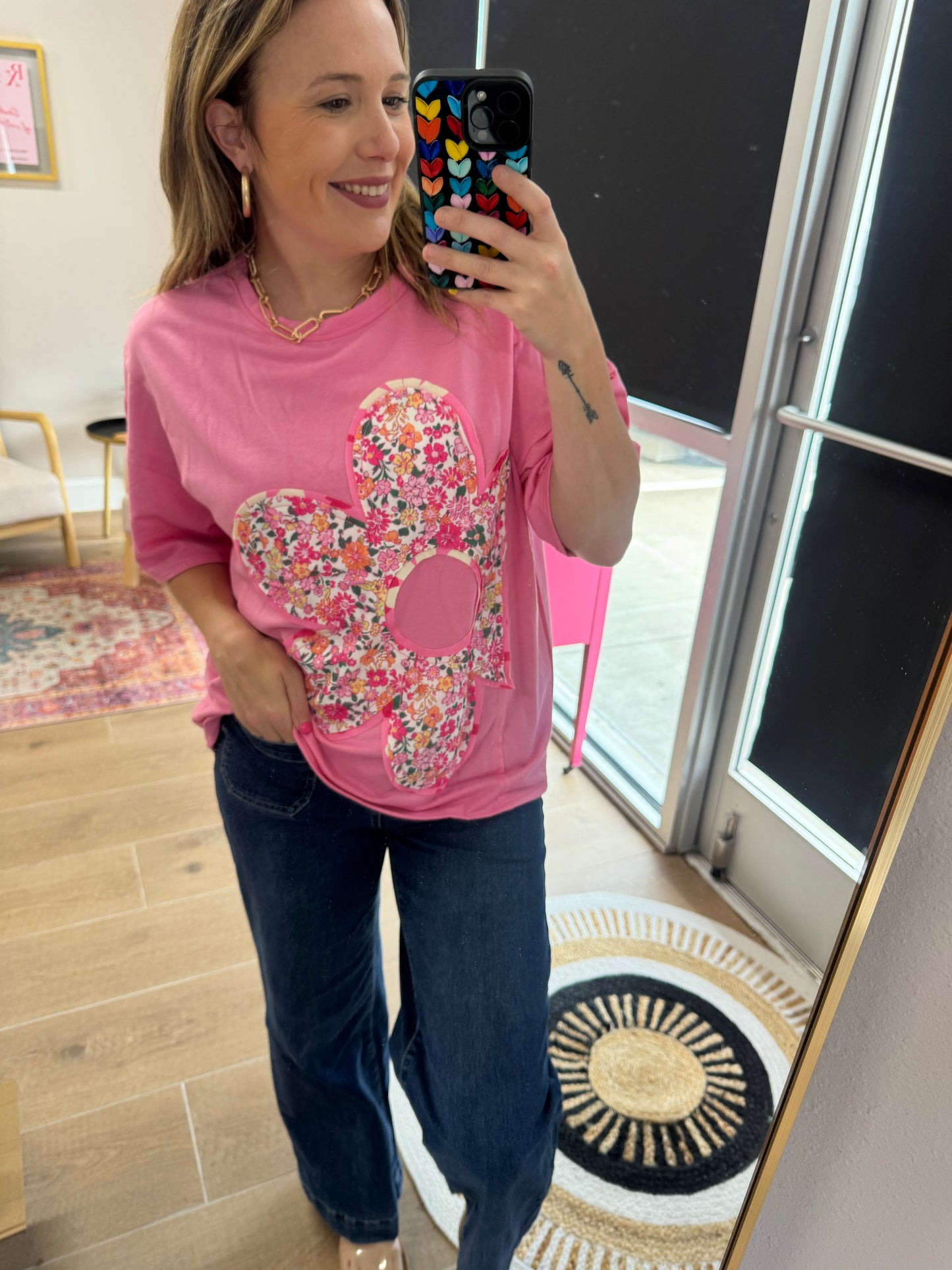 Pink Floral Appliqué Oversized Tee