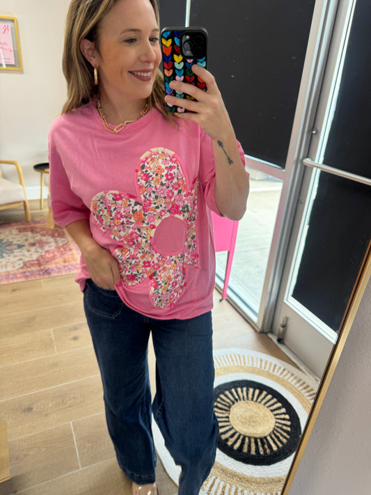Pink Floral Appliqué Oversized Tee