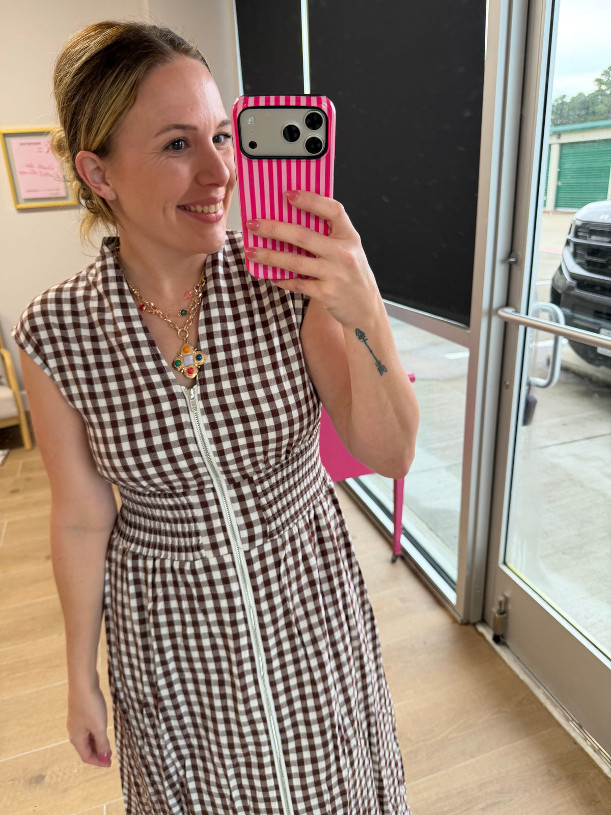 Brown Gingham Zip Front Midi Dress