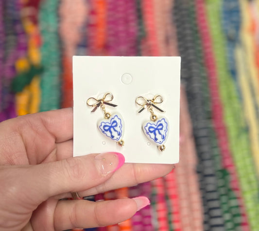 Blue Bow Sweetheart Drop Earrings