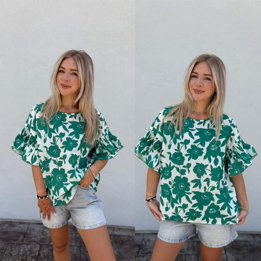 Green Floral Top – Relaxed Fit Statement Blouse