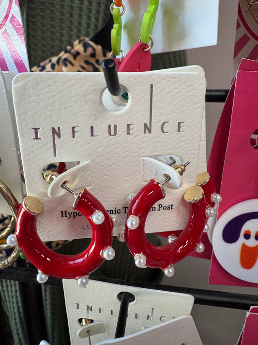 Red Enamel & Pearl Hoop Earrings