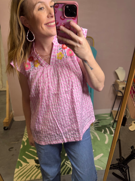 Pink Embroidered Gingham Blouse