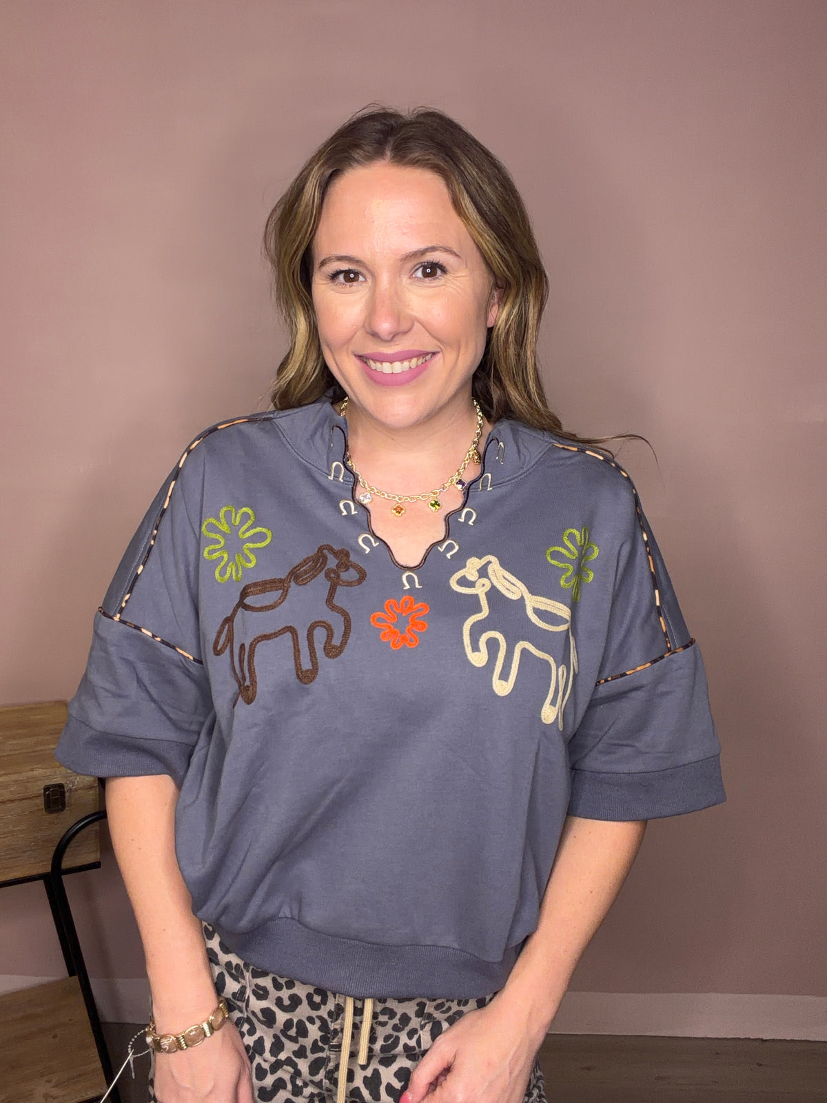 Embroidered Western Horse Oversized Top