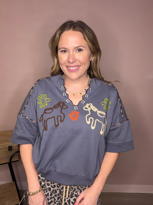 Embroidered Western Horse Oversized Top
