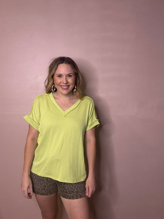 Ribbed Lime V-Neck Blouse | Boutique Summer Top