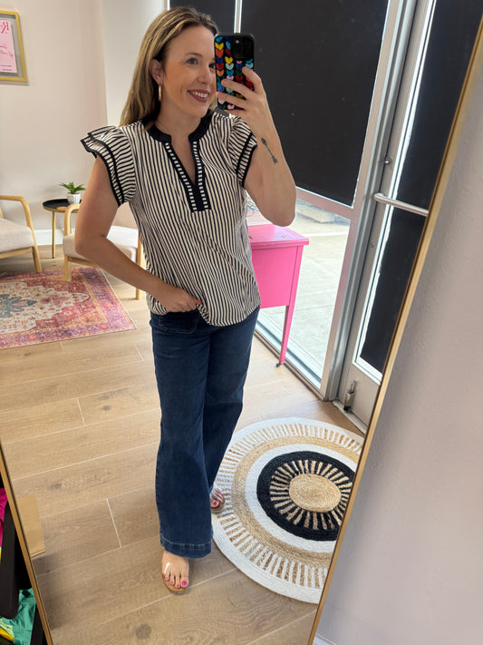 Black & White Striped Ruffle Sleeve Blouse