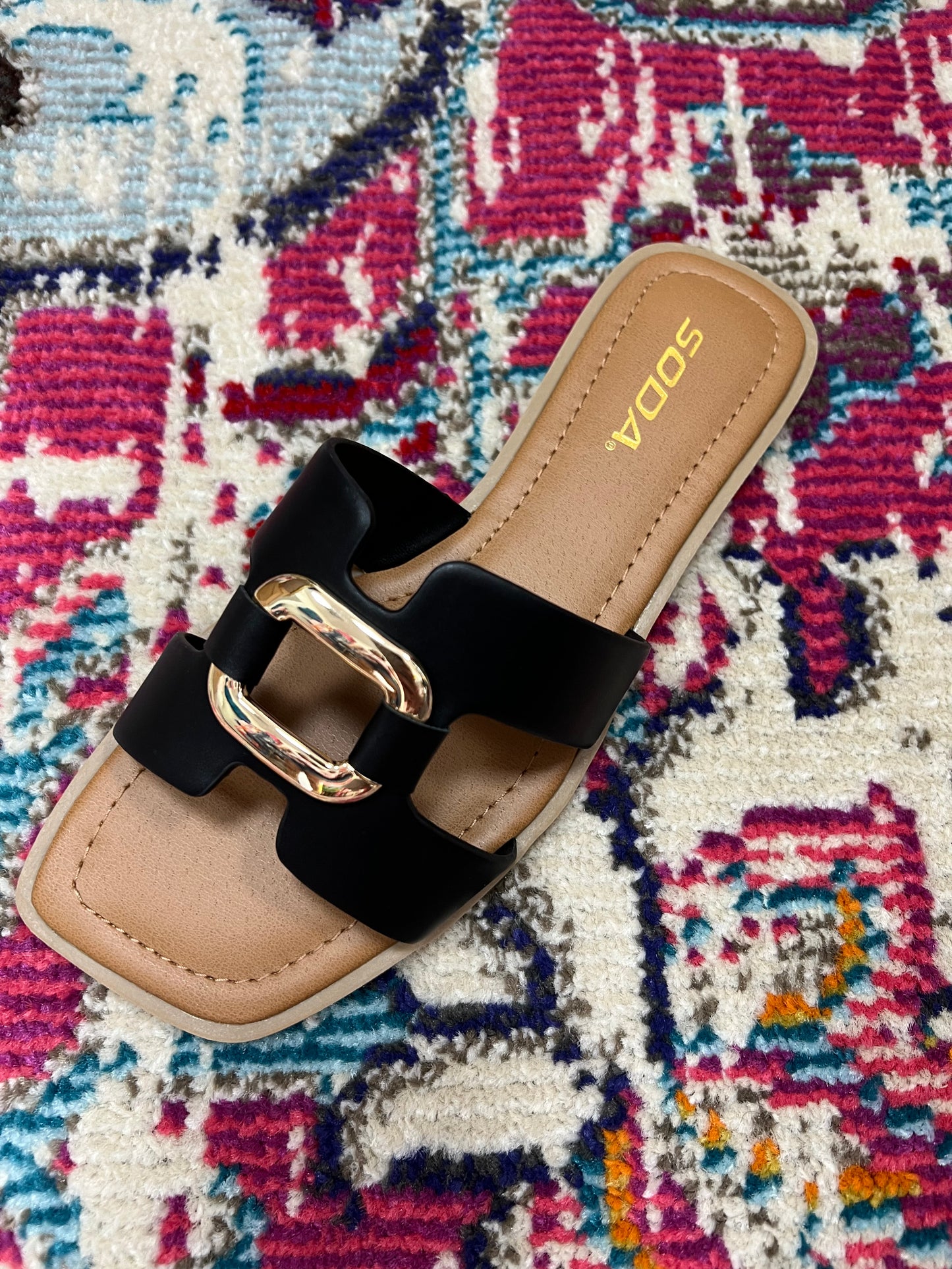 Gold buckle black sandal