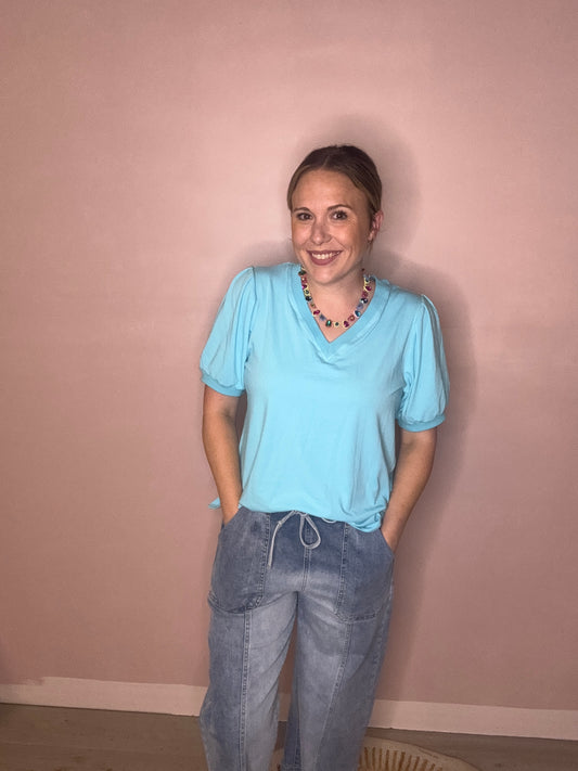 Teal Puff Sleeve V-Neck Boutique Top