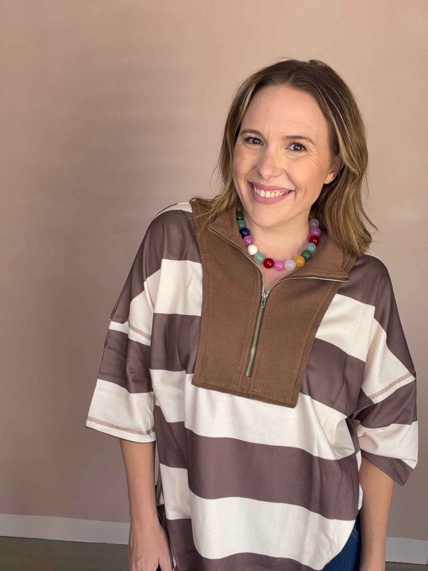 Brown Stripe Quarter Zip Oversized Top