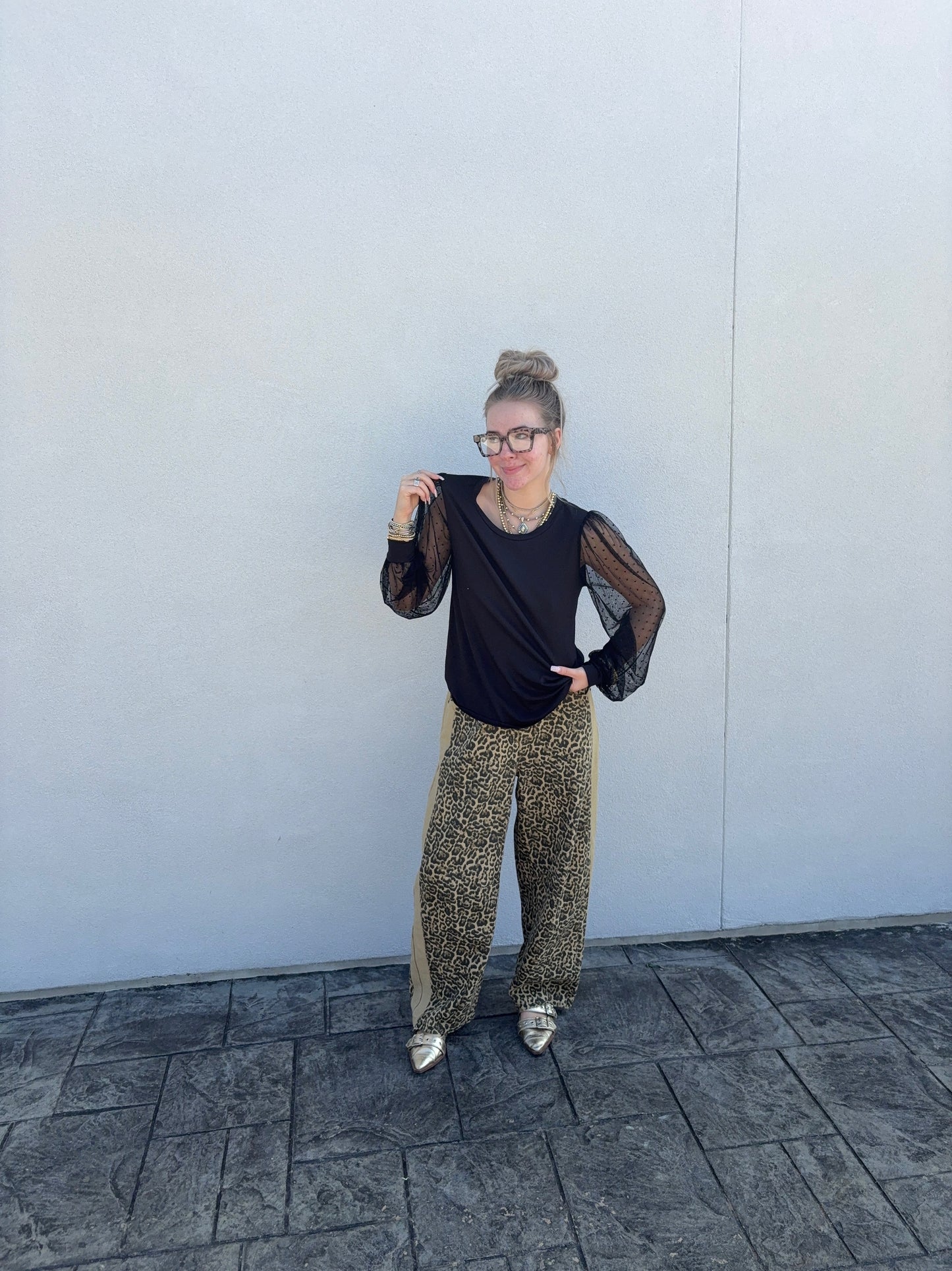 Black Bubble Sleeve Mesh Top