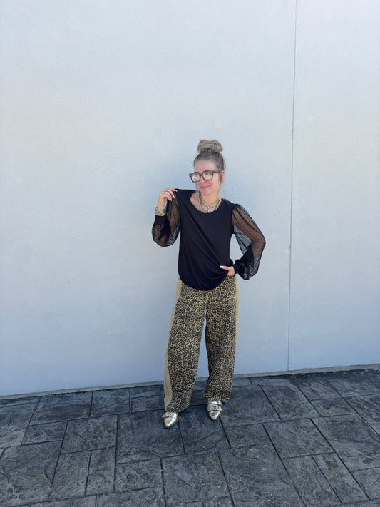 Black Bubble Sleeve Mesh Top