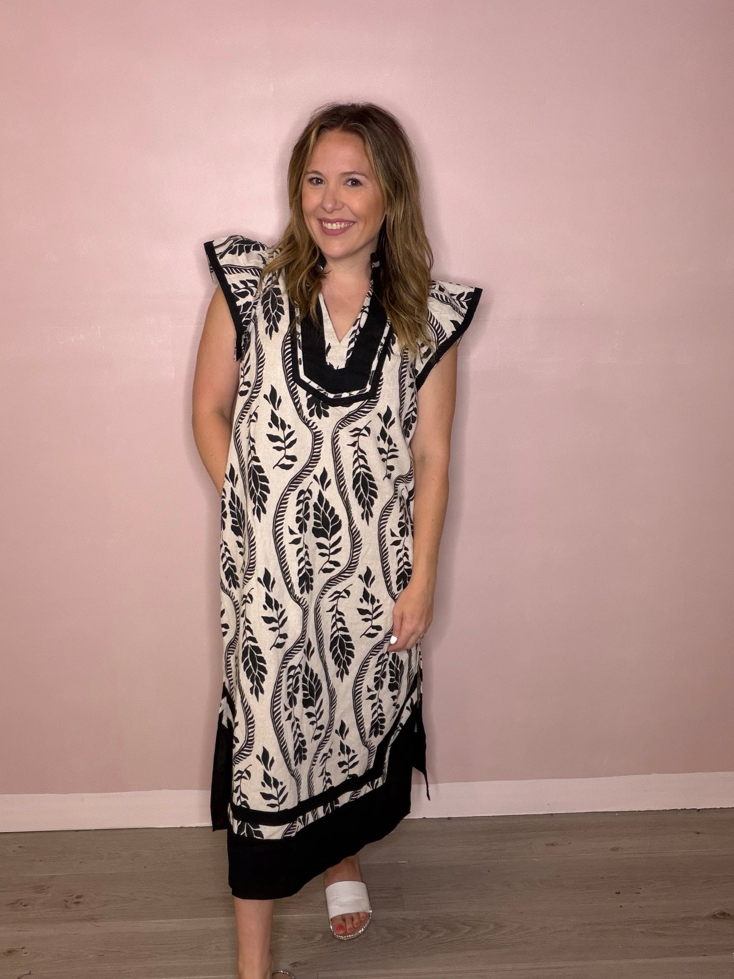 Black and White Linen Blend Midi Dress with Pockets