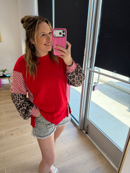 Red Striped Leopard Mixed Print Crewneck Top