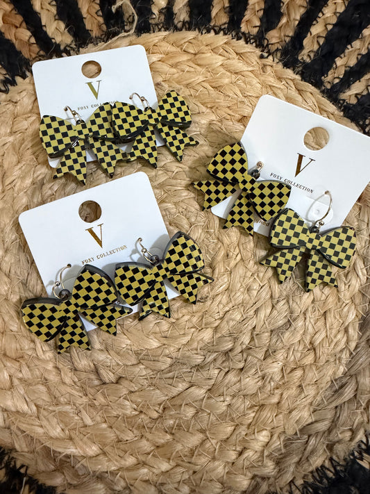 Gold & Black Checkered Bow Spirit Earrings