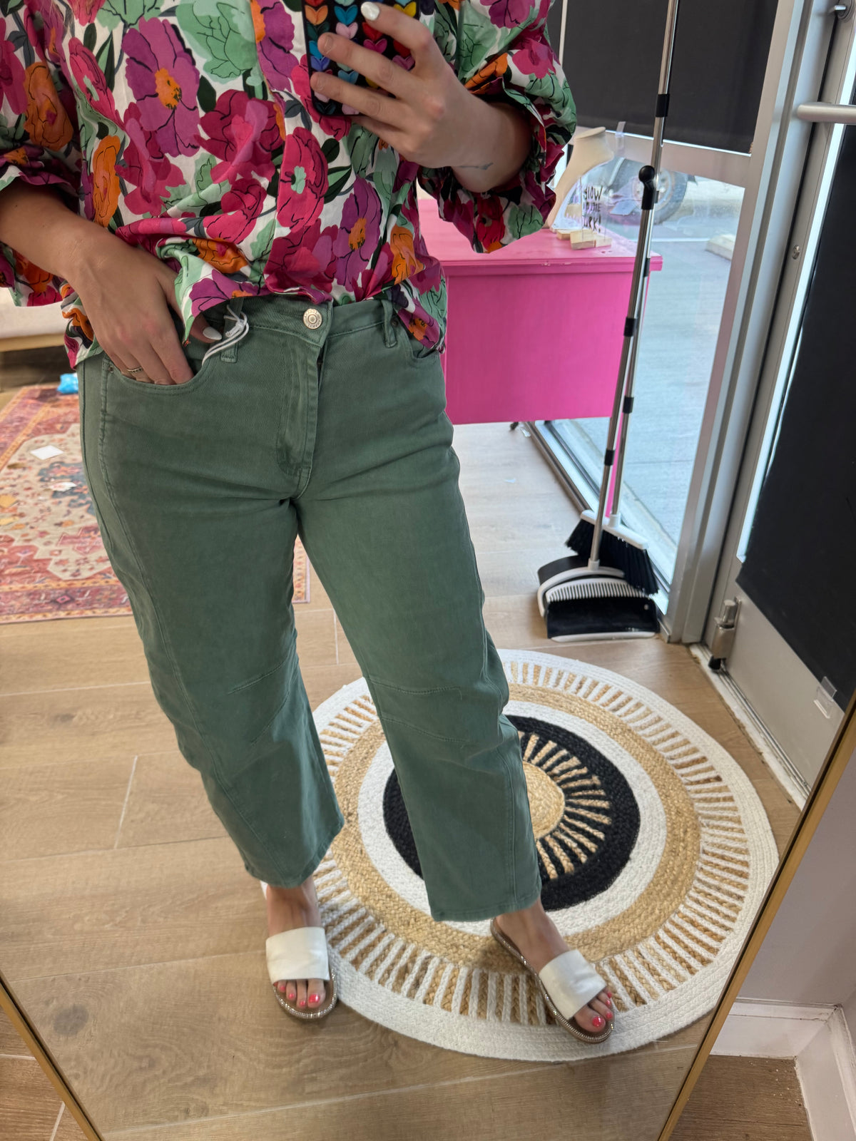Olive Stretch Denim Wide Leg Pants