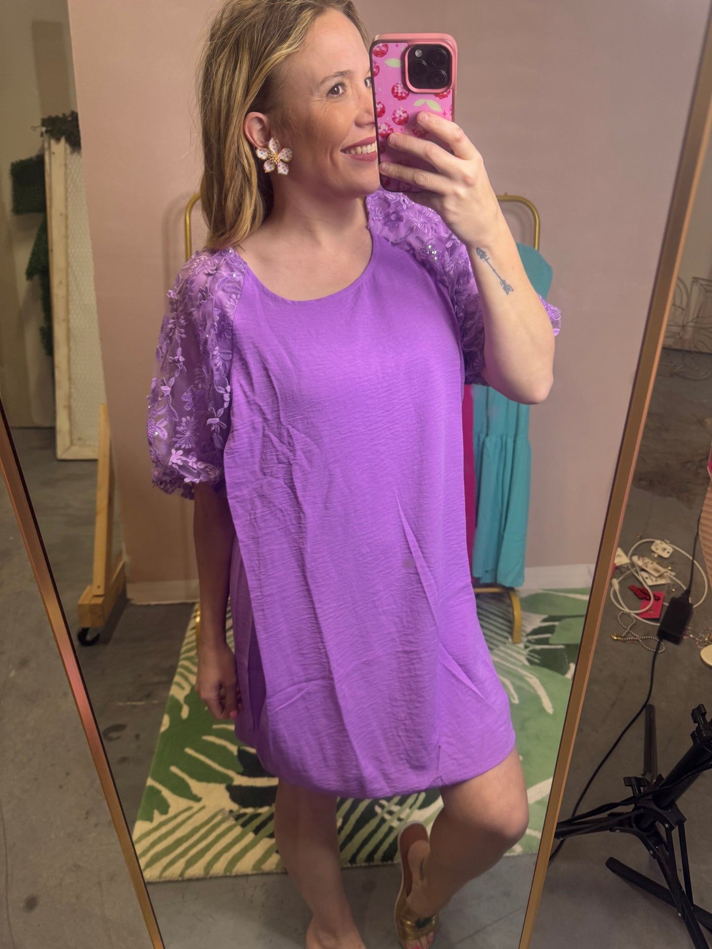 Purple Lace-Sleeve Swing Dress