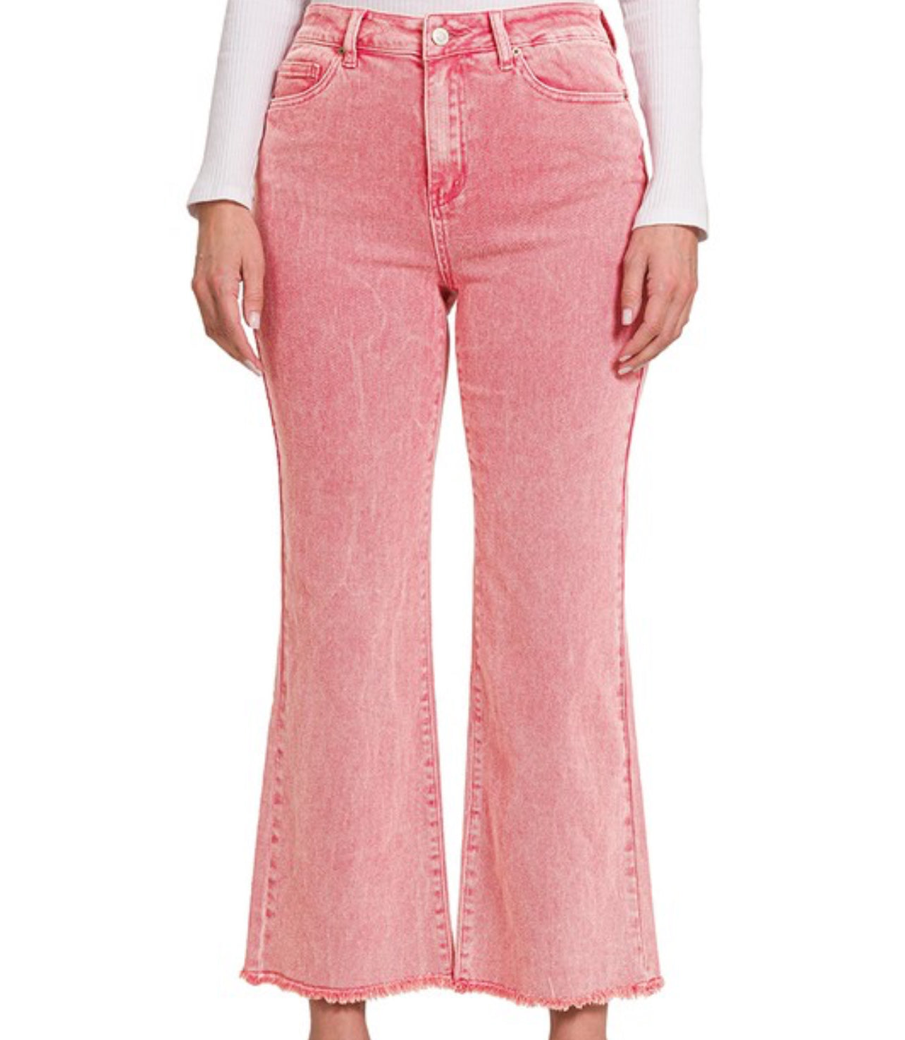 Frayed Hem Cropped Jeans- Ash Pink