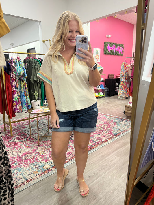 Tan Quarter Zip Polo Top with Rainbow Trim