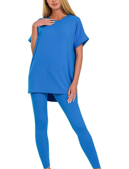 Bright Blue 2 Piece Legging Sets, short sleeve