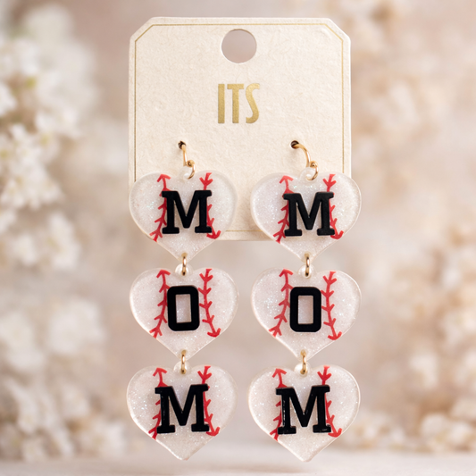 Mom Baseball Heart Dangle Earrings