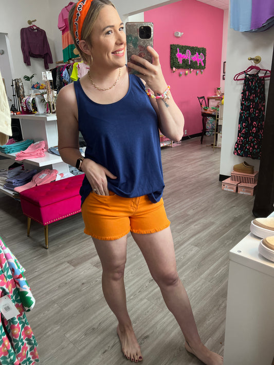 Bright Orange Judy Blue Frayed Shorts