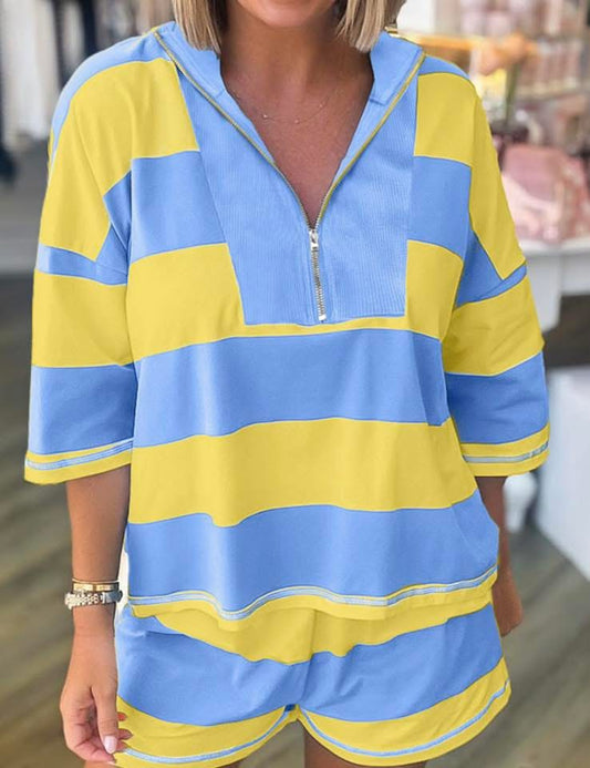 PRE-ORDER Blue & Yellow Striped Half Zip Short Set