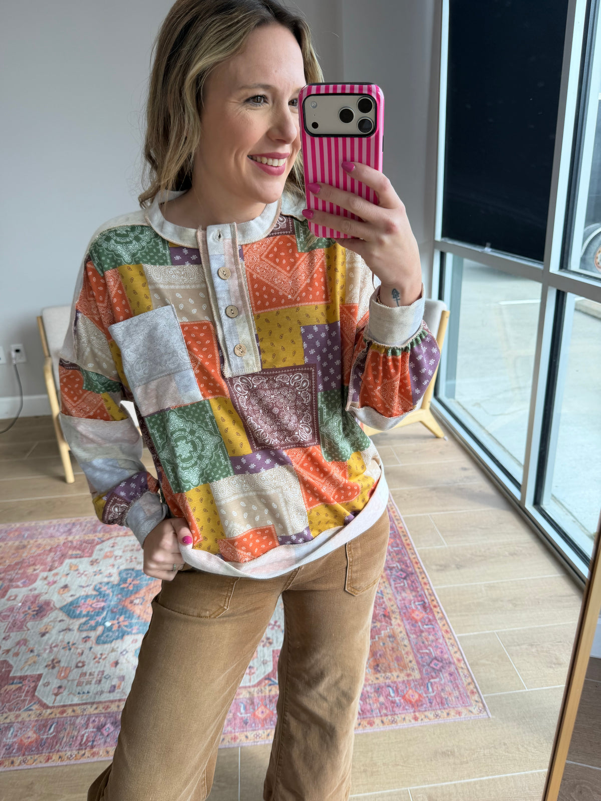 Multicolor Plaid Patchwork Bandana Print Henley Top