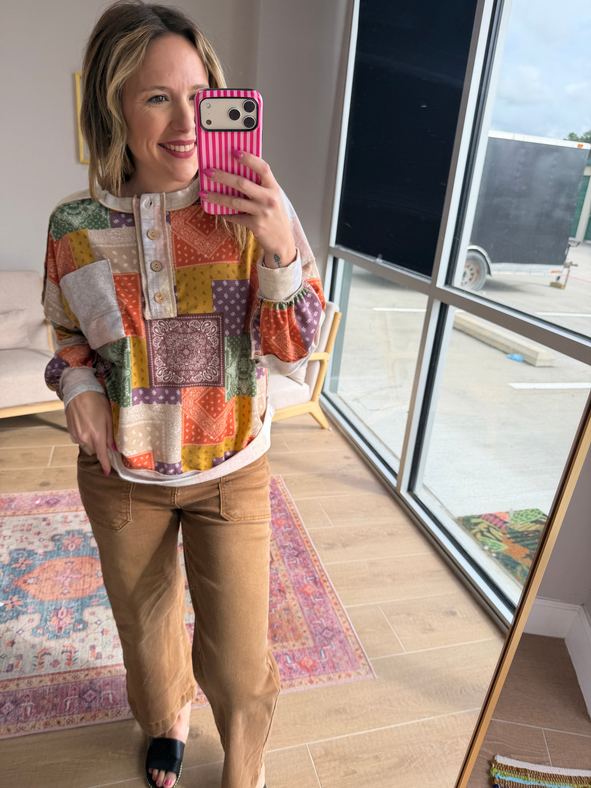 Multicolor Plaid Patchwork Bandana Print Henley Top