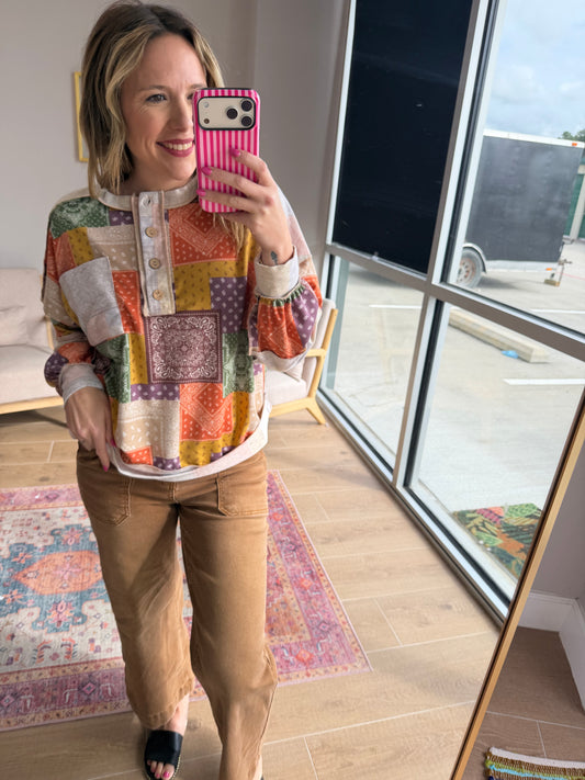 Multicolor Plaid Patchwork Bandana Print Henley Top