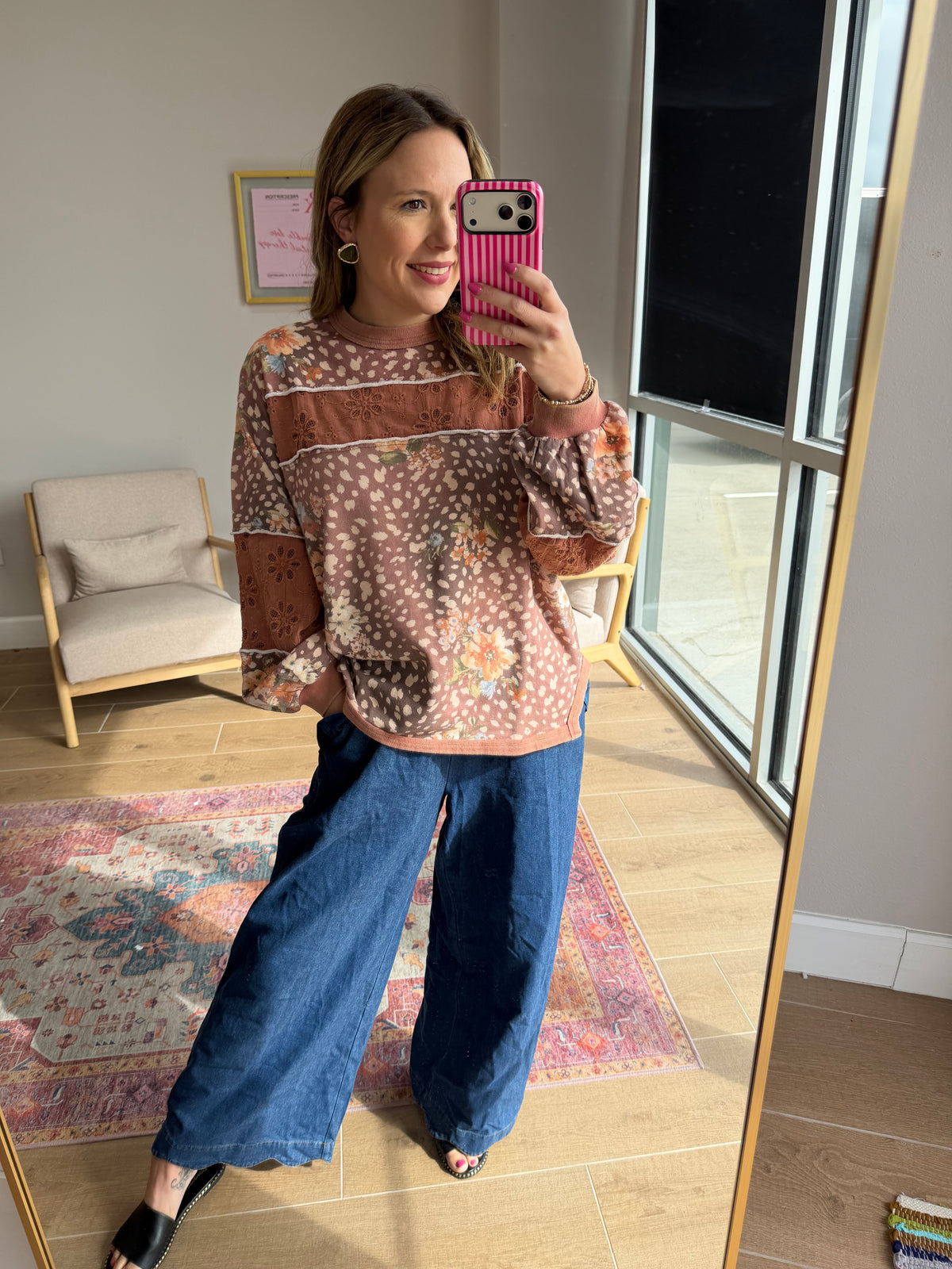 Mauve Floral Deer Print Eyelet Long Sleeve Pullover