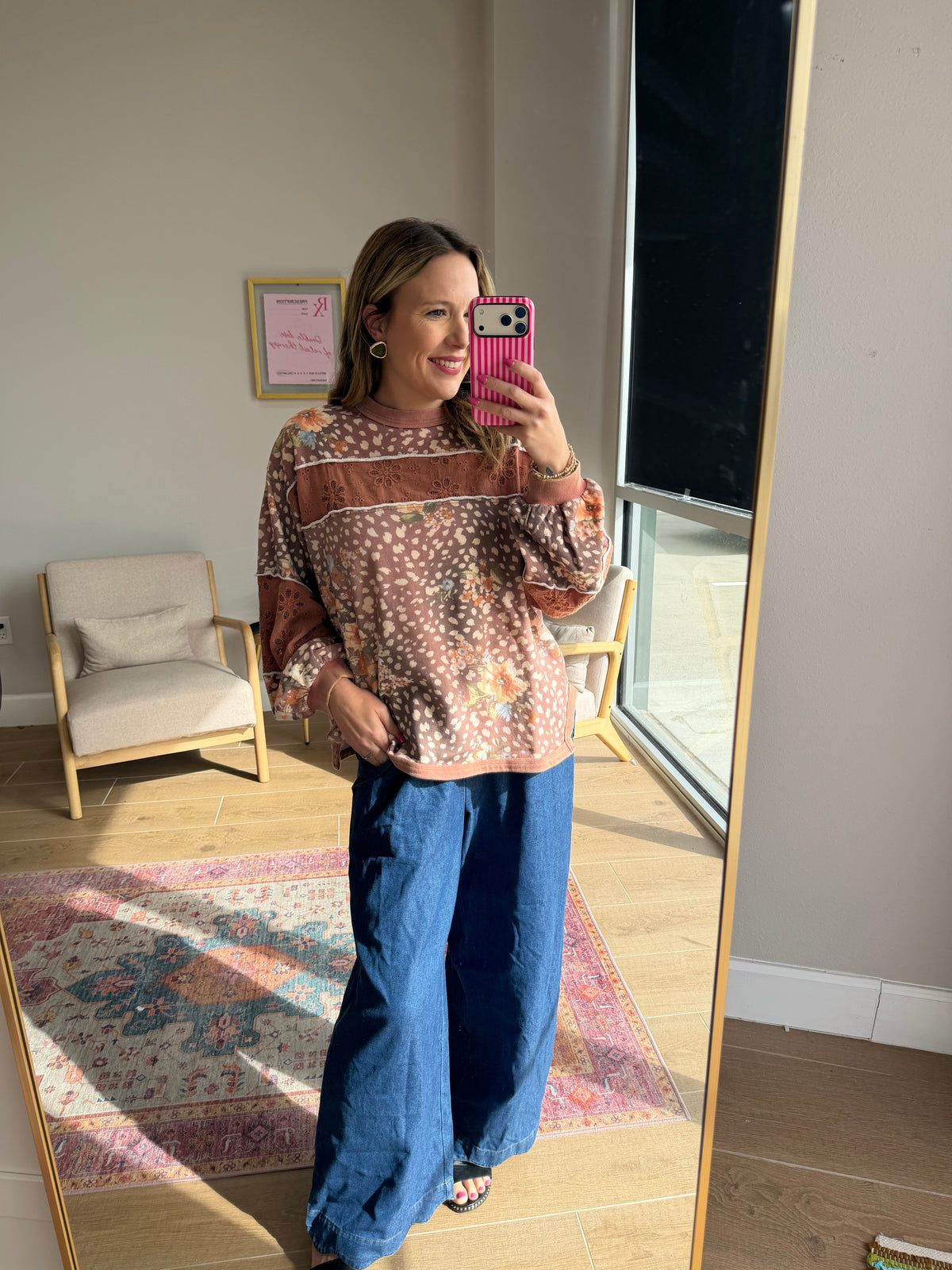 Mauve Floral Deer Print Eyelet Long Sleeve Pullover