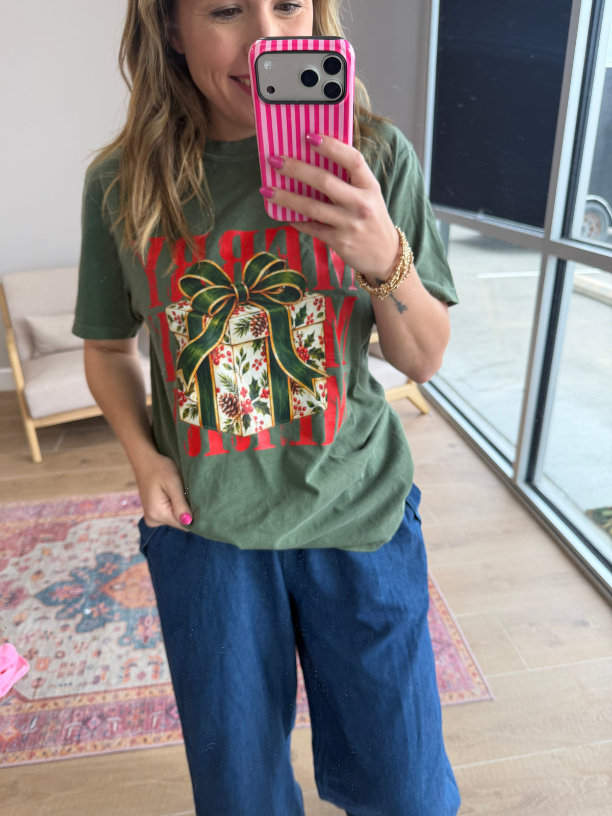 Forest Green Merry Christmas Present Graphic Tee