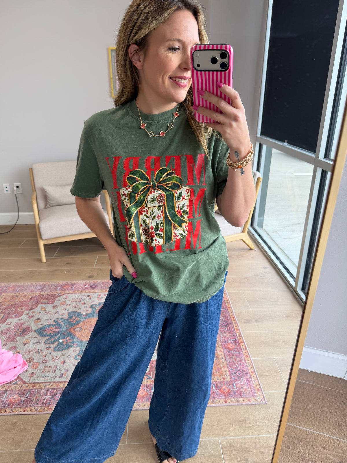 Forest Green Merry Christmas Present Graphic Tee