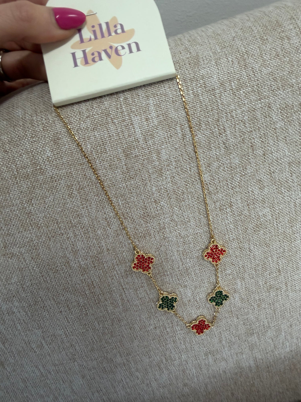 Red and Green Crystal Clover Station Necklace