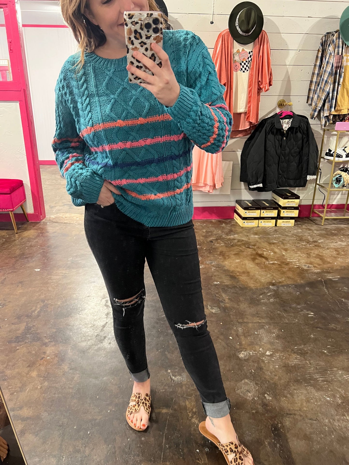 Teal Striped Knit Sweater