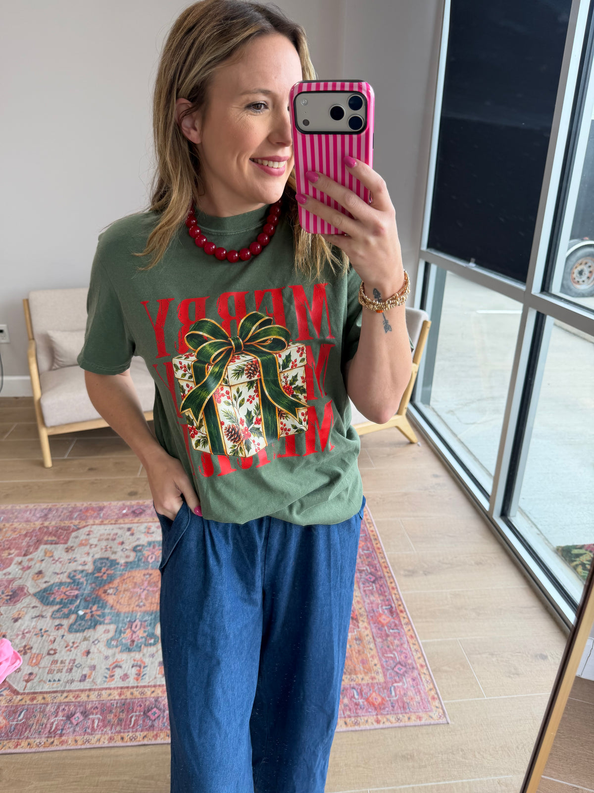 Forest Green Merry Christmas Present Graphic Tee