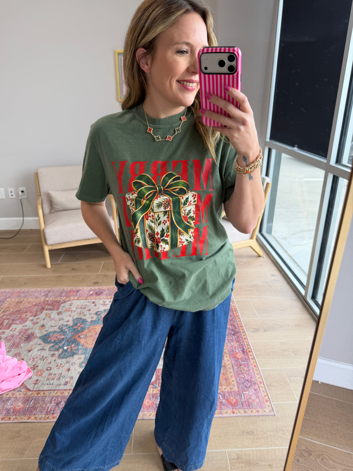 Forest Green Merry Christmas Present Graphic Tee