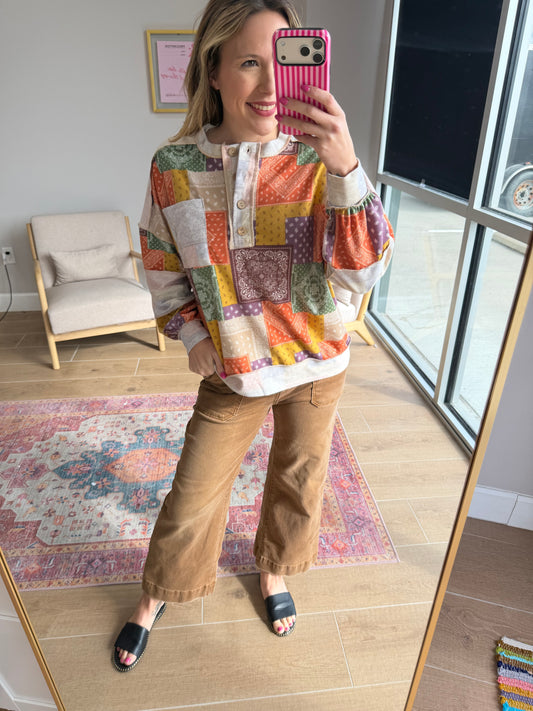 Multicolor Plaid Patchwork Bandana Print Henley Top