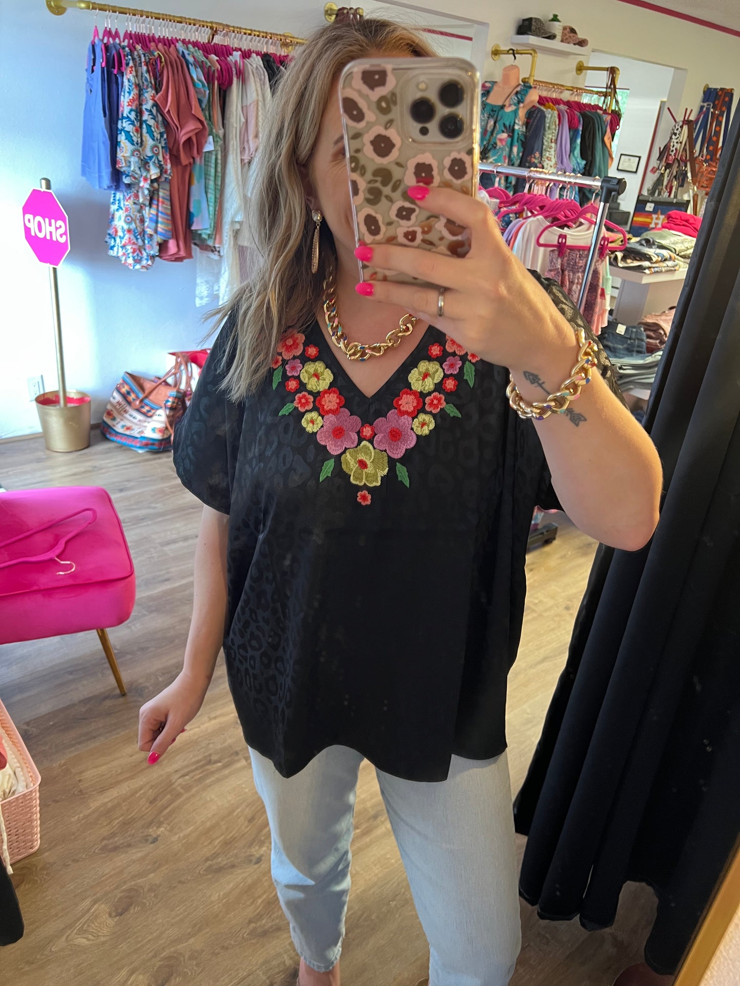 Black Leopard Embroidered Top