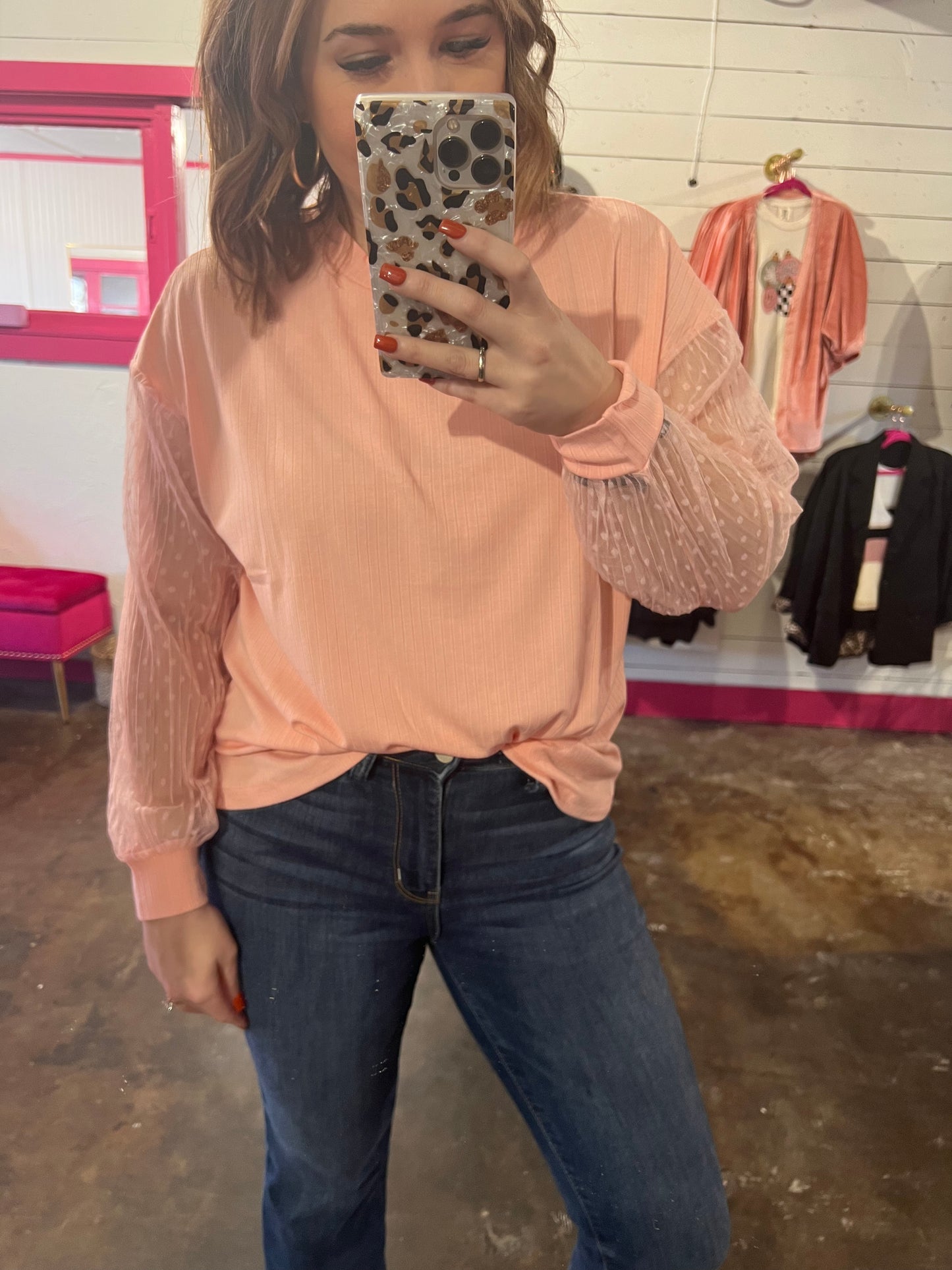 Peachy Pink Ribbed Blouse with Sheer Sleeves